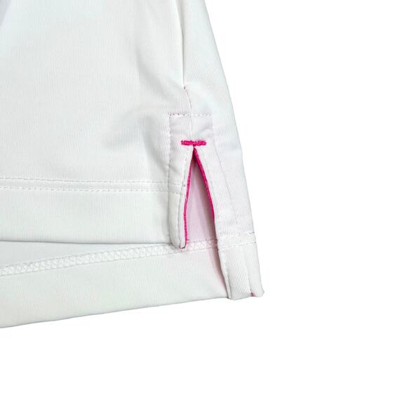 Peter MIllar White 1/4 Button Elbow Sleeve Polo Shirt Pink Blue Striped Trim - Picture 5 of 8